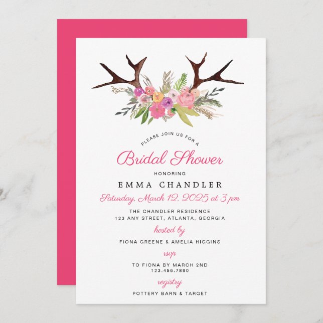 Antlers and Flowers Rustic Bridal Shower Invitation (Front/Back)