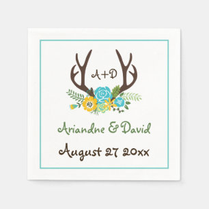 Antlers and flowers woodland monogram wedding napkin