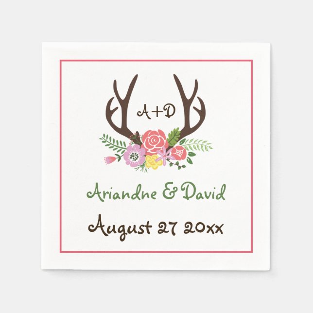Antlers and flowers woodland monogram wedding napkin (Front)