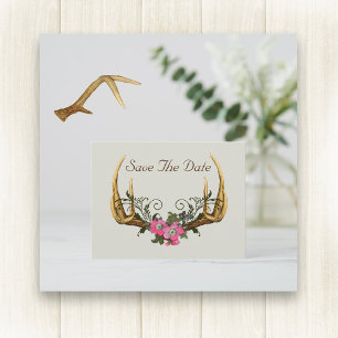 Antlers and Pink Roses Save the Date Postcard