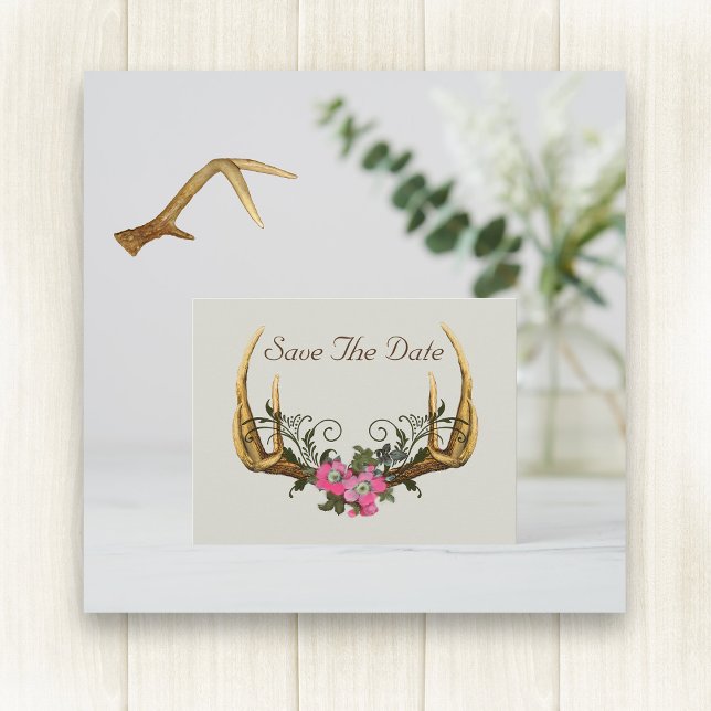 Antlers and Pink Roses Save the Date Postcard (Creator Uploaded)