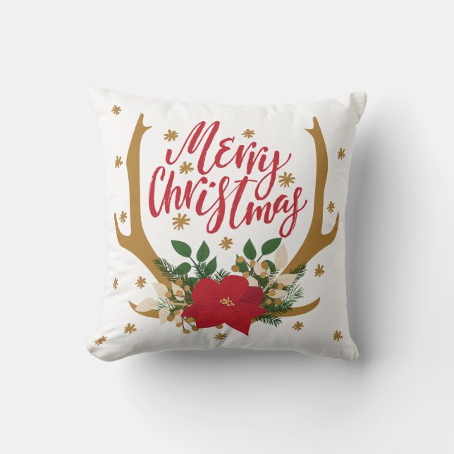 Antlers and Poinsettia Red and Gold Christmas Cushion (Front)
