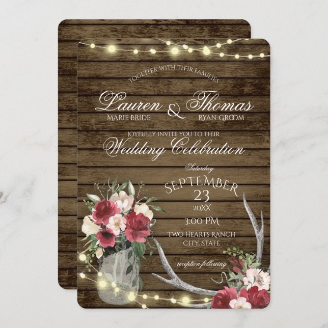 Antlers and String Lights Rustic Burgundy Floral I Invitation (Front/Back)