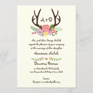 Antlers and wild flowers monogram woodland wedding invitation