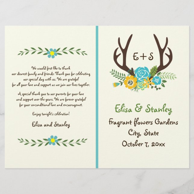 Antlers & aqua flowers monogram wedding program (Front)