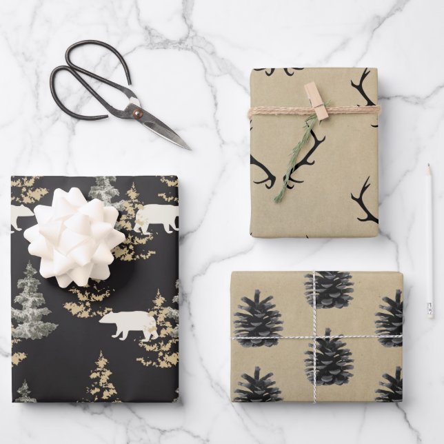 Antlers, bears, black and stone coloured  wrapping paper sheet (Front)