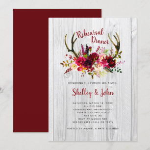 Antlers Burgundy Floral Rehearsal Dinner invites