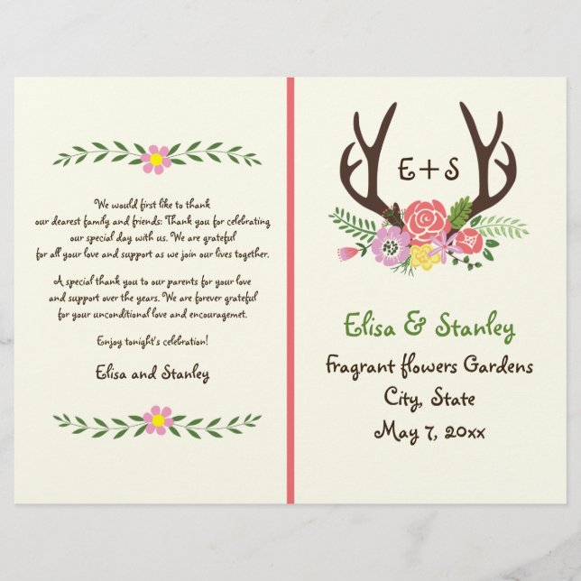 Antlers & coral flowers monogram wedding program (Front)