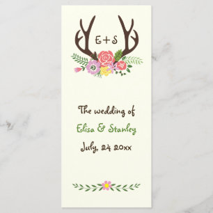 Antlers & coral, pink flowers wedding program