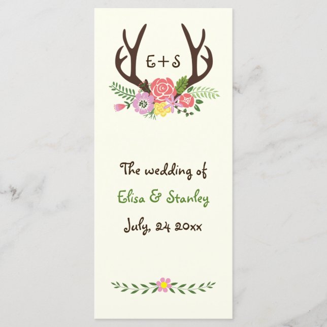 Antlers & coral, pink flowers wedding program (Front)