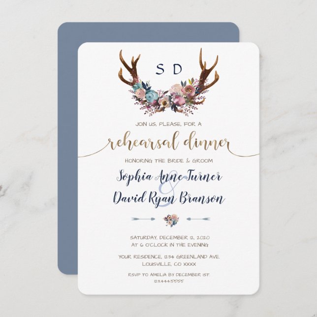 Antlers Dusty Blue Blush Floral Rehearsal Dinner Invitation (Front/Back)