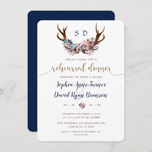 Antlers Dusty Blue Pink Floral Rehearsal Dinner Invitation (Front/Back)