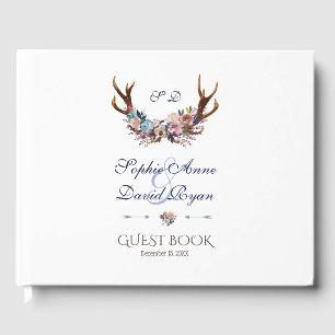 Antlers Dusty Blue Pink Floral Wedding Guest Book