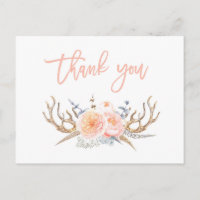 antlers feathers thank you card, baby shower