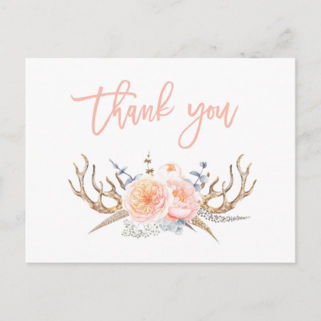 antlers feathers thank you card, baby shower postcard (Front)