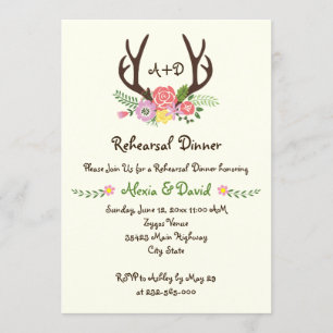 Antlers floral monogram wedding rehearsal dinner invitation