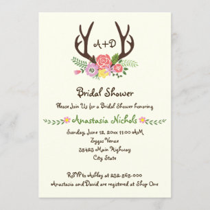 Antlers & flowers monogram wedding bridal shower invitation