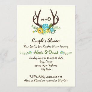 Antlers & flowers monogram wedding couples shower invitation