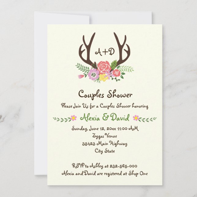 Antlers & flowers monogram wedding couples shower invitation (Front)