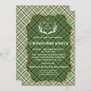 Antlers Green Plaid Christmas Party Invitation