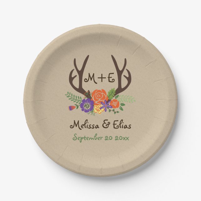 Antlers & orange purple flowers rustic wedding paper plate (Front)