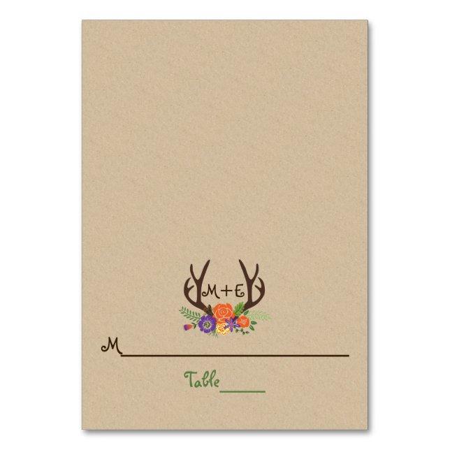 Antlers & orange purple flowers wedding place card (Front)