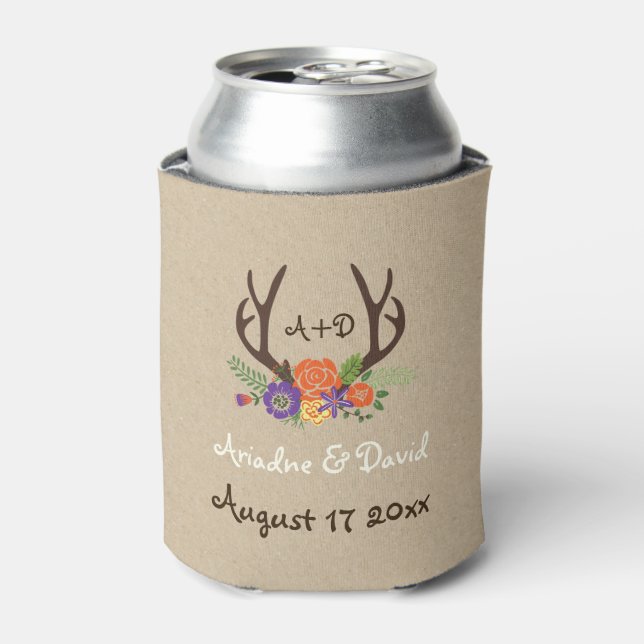 Antlers & purple, orange flowers woodland wedding can cooler (Can Front)