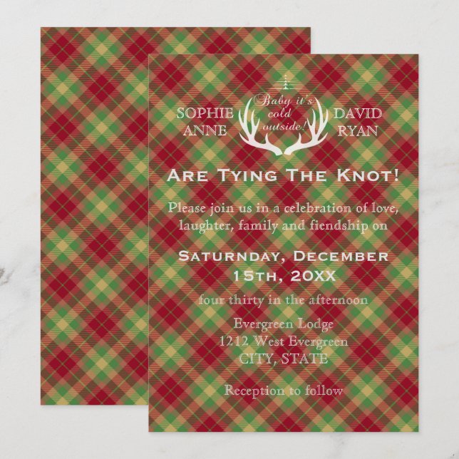Antlers Red and Green Plaid Wedding Invitation (Front/Back)