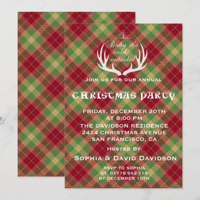 Antlers Red Green Plaid Christmas Party Invitation (Front/Back)