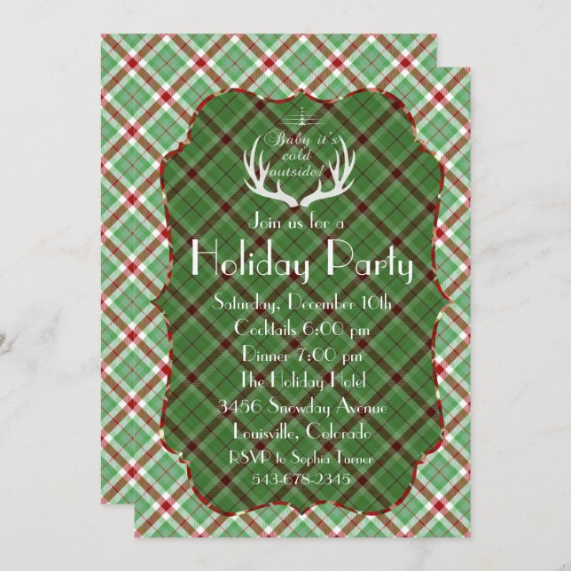 Antlers Red Green Plaid Holiday Party Invitation (Front/Back)