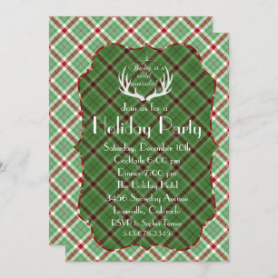 Antlers Red Green Plaid Holiday Party Invitation