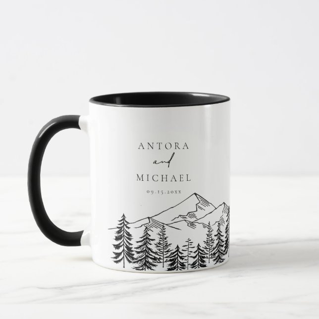 ANTORA Black & White Mountains Wedding Names Mug (Left)
