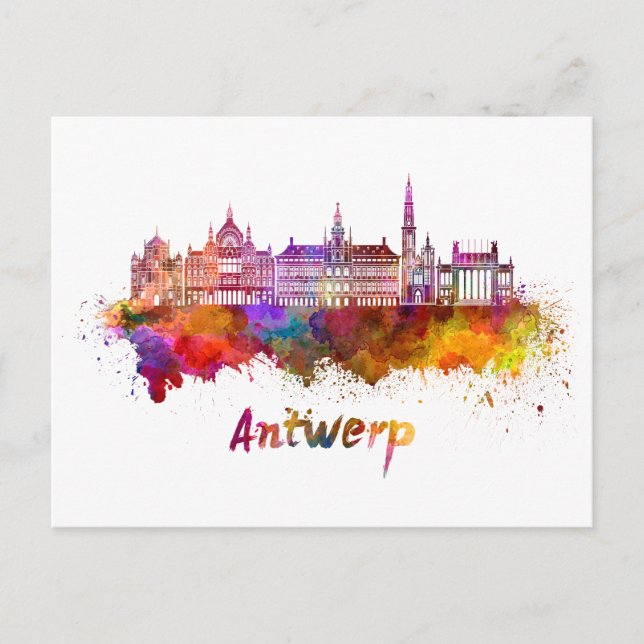Antwerp skyline in watercolor postcard (Front)