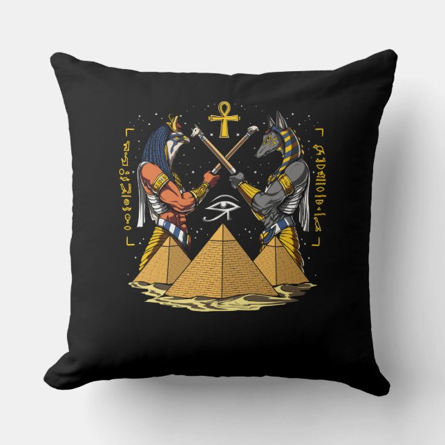 Anubis Egyptian God Ra Ankh Eye Of Horus Pyramids Cushion (Front)