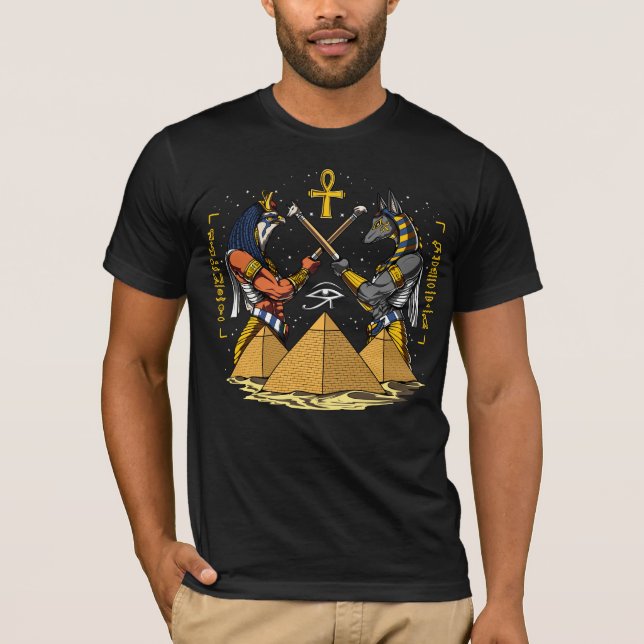 Anubis Egyptian God Ra Ankh Eye Of Horus Pyramids T-Shirt (Front)