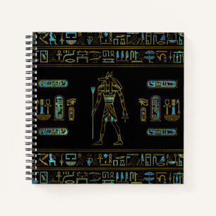 Anubis Egyptian  Gold and blue stained glass Notebook