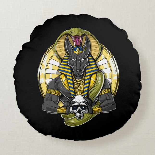 Anubis Egyptian Wolf God Round Cushion (Front)