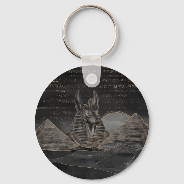 Anubis on Egyptian pyramids landscape Key Ring (Front)