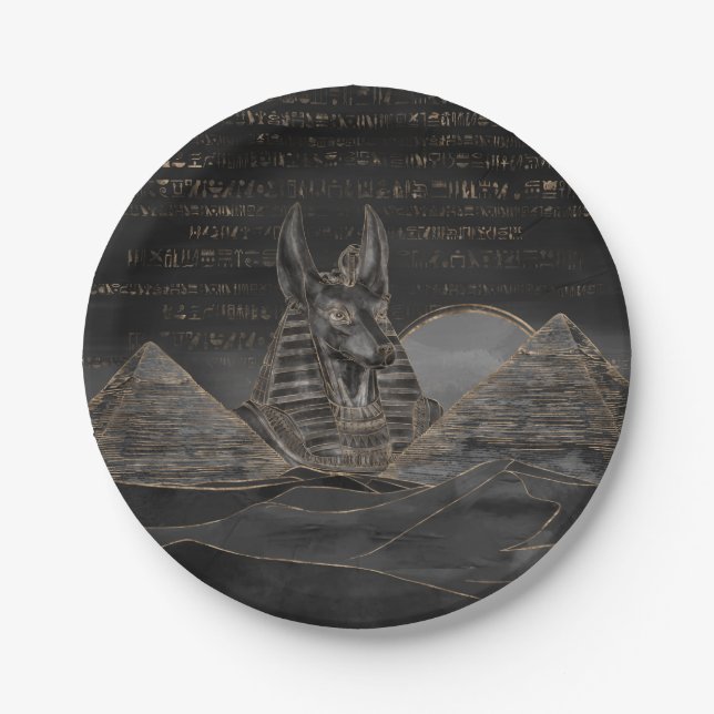 Anubis on Egyptian pyramids landscape Paper Plate (Front)