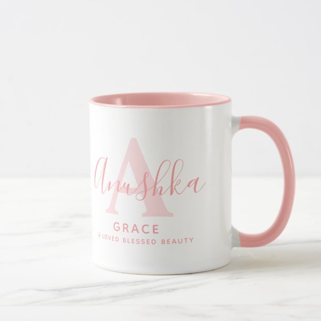Anushka name meaning and A monogram soft pink Mug (Right)