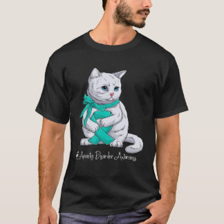 Anxiety Disorder Awareness Month Teal Ribbon Cat T-Shirt