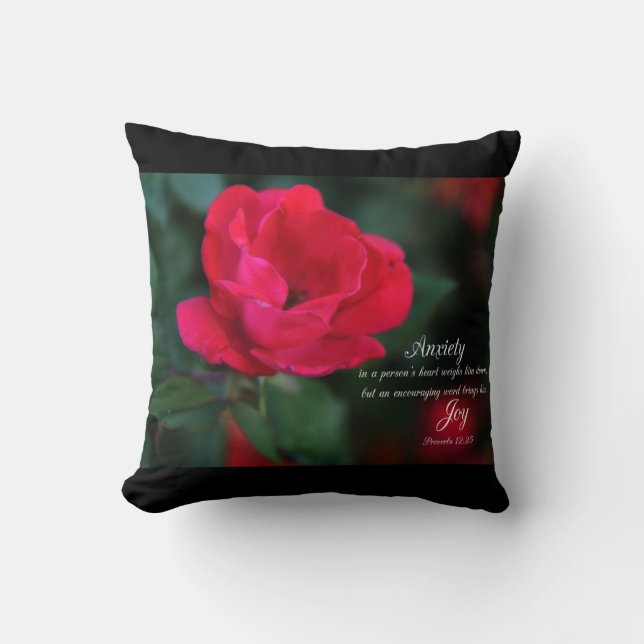 Anxiety  - Joy verse from Proverbs with Red Rose Cushion (Front)