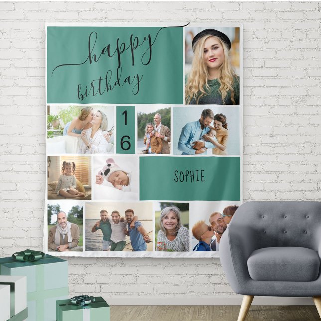 Any Age 10 Photo Collage Personalised Green Tapestry (Creator Uploaded)