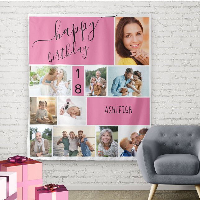 Any Age 10 Photo Collage Personalised Pink Tapestry (Creator Uploaded)