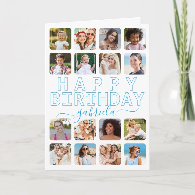 Any Age 16-Photo Collage Birthday Card – Modern Gr (Front)