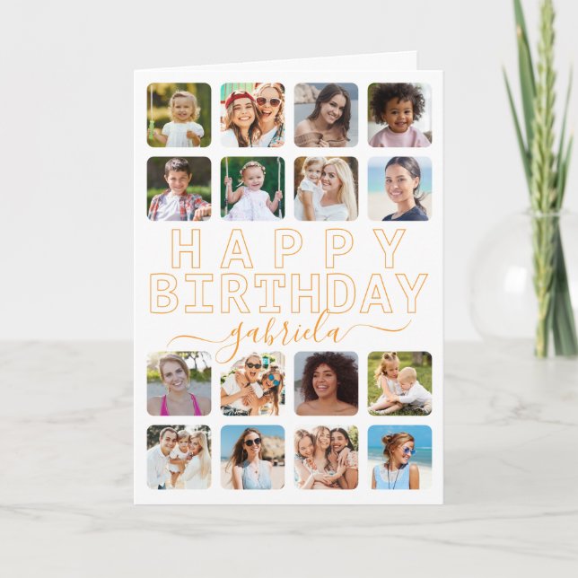 Any Age 16-Photo Collage Birthday Card – Orange Mo (Front)