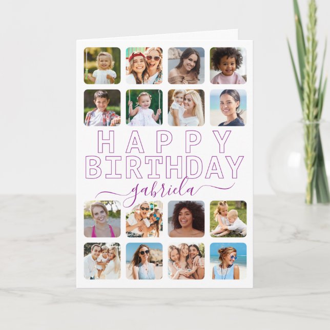 Any Age 16-Photo Collage Birthday Card – Purple Mo (Front)