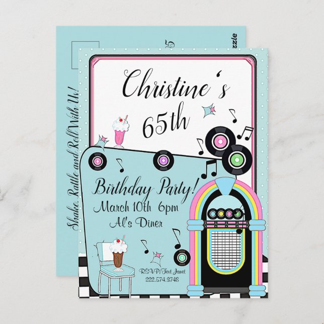 Any Age,1950's Diner Birthday Invitation Postcard (Front/Back)