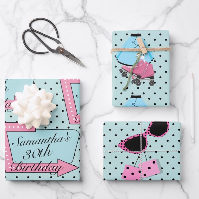 Any Age, 1950's Retro Birthday Wrapping Paper Sheet (Front)