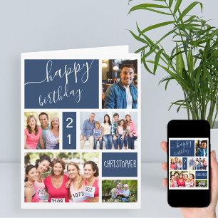 Any Age 5 Photo Collage Blue Personalised Birthday Card